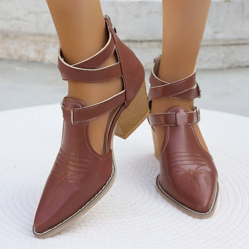 

New Style Fashion High Heel Thick Heel Pointed Retro Belt Buckle Popular Boot Women's Leather Boot Single Shoes Large Size 35-42