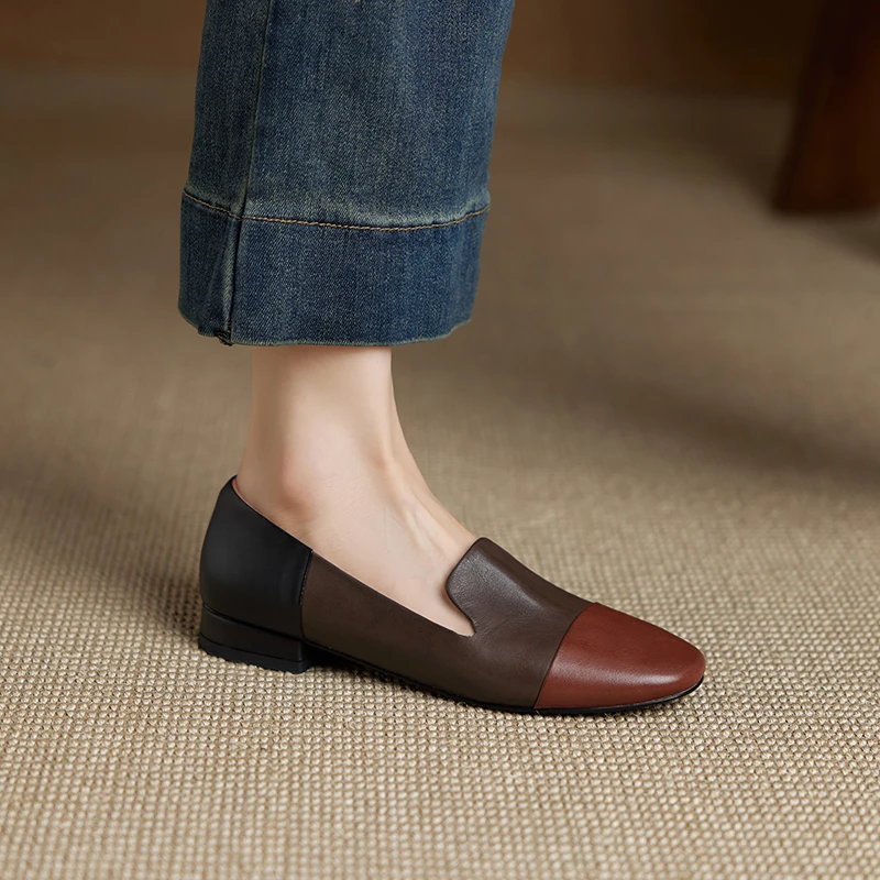 2026 new spring summer women pumps natural leather plus size 22-25cm cowhid+pigskin round toe mixed colors low heel women shoes