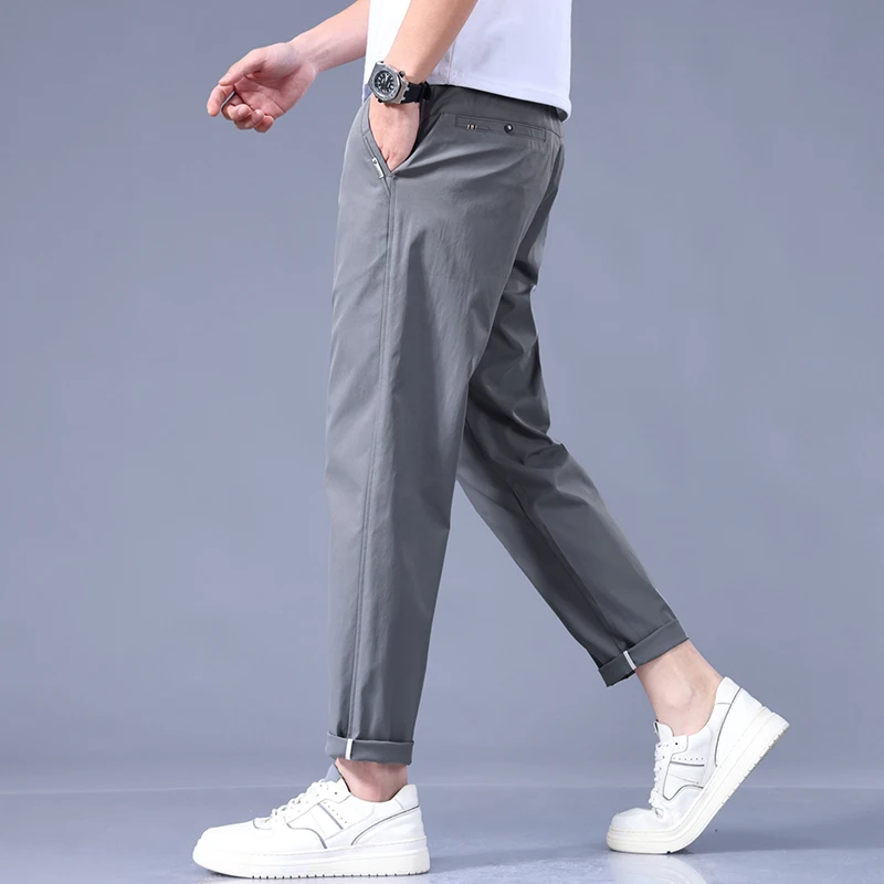 Calça leve masculina de seda de gelo fino, calça de tornozelo, streetwear hip hop, casual, primavera, verão