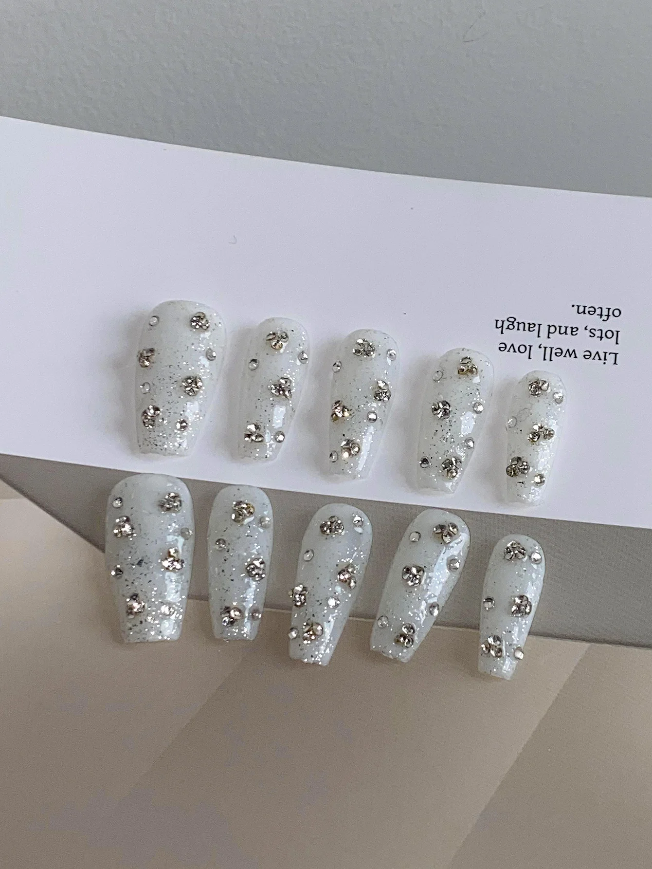 White Glitter Press On Nails,Long Coffin Fake Nails with Silver Rhinestones,Handmade Reusable Sparkly Luxury False Nails