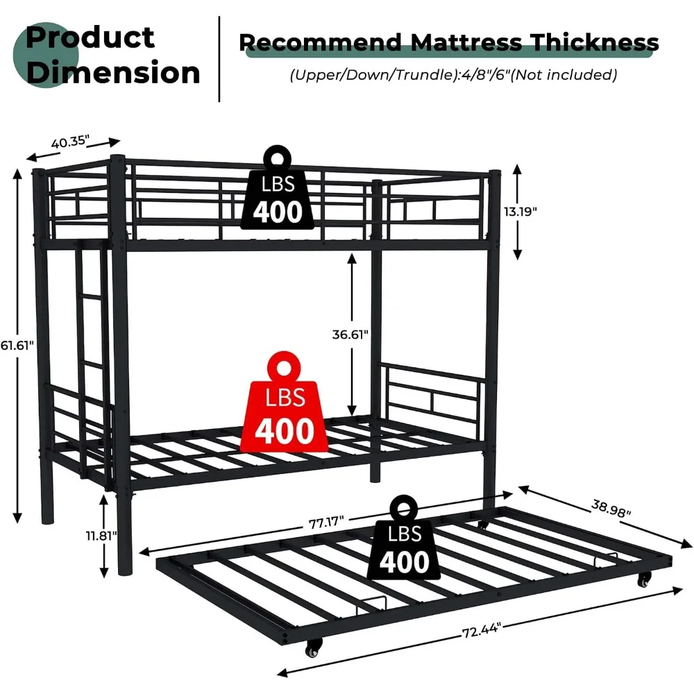 Metal Bunk Bed with Trundle, Twin, Black, Splits into 3 Beds, Guardrail & Ladder