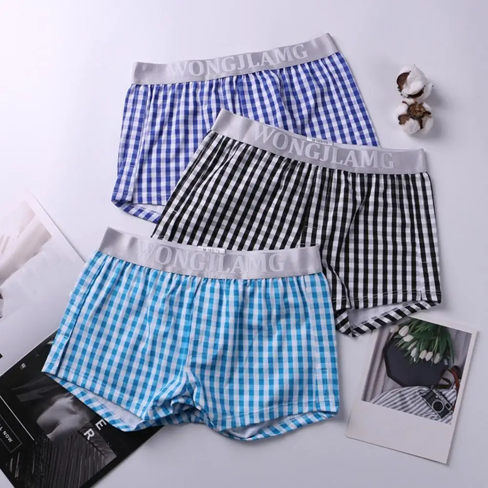 Casual Baggy Men's Boxer Briefs Loose Cotton Line Grid Shorts Pants Classic Checkered Plaid Panties for Men Men