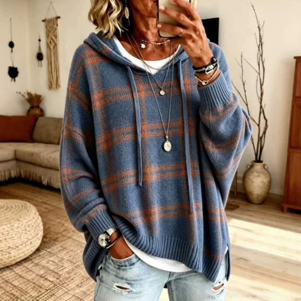 Women's Plate Hooded. Knit Sweater, Loose Fit, Dropped. Shoulders, Drawstring, Pullover Style, Random Outerwear