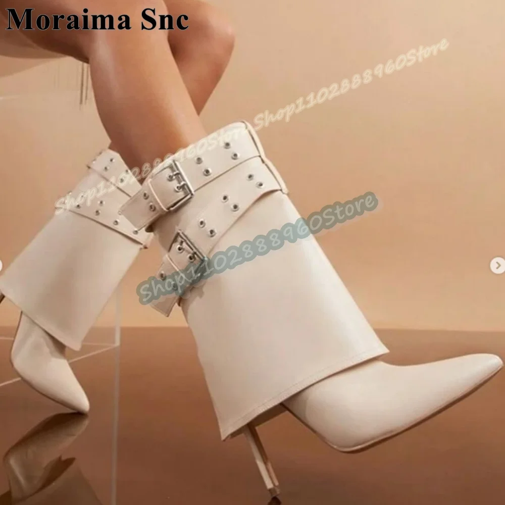 

Mid Calf White Fold Over Buckle Strap Boots Thin High Heel Shoes For Women Slip On Pointed Toe Fashion Party Zapatos Para Mujer