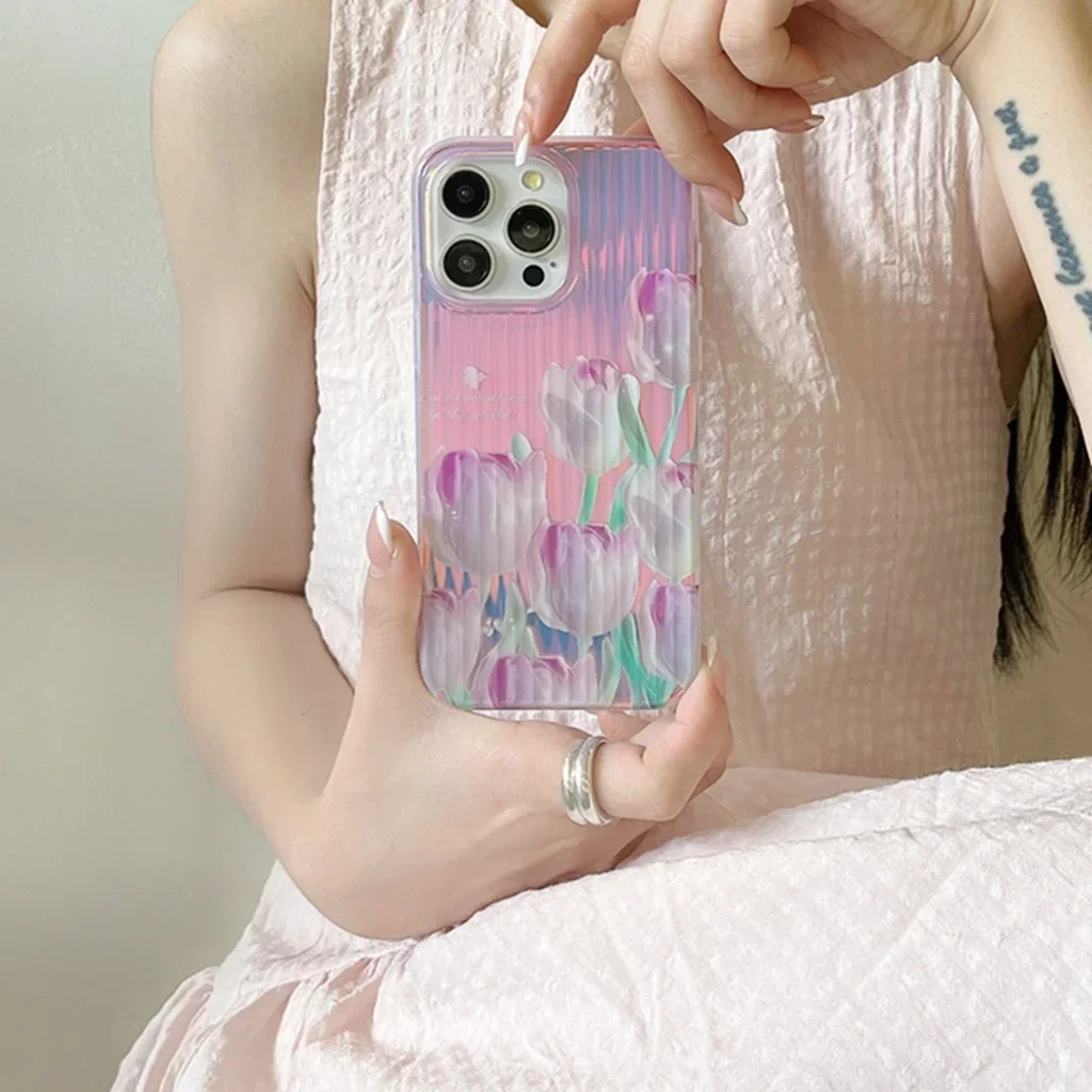 Stylish Illusion Color Change Purple Tulips Flower Luggage Pattern Cover Case for iPhone 15 14 13 Pro Max Phone Case