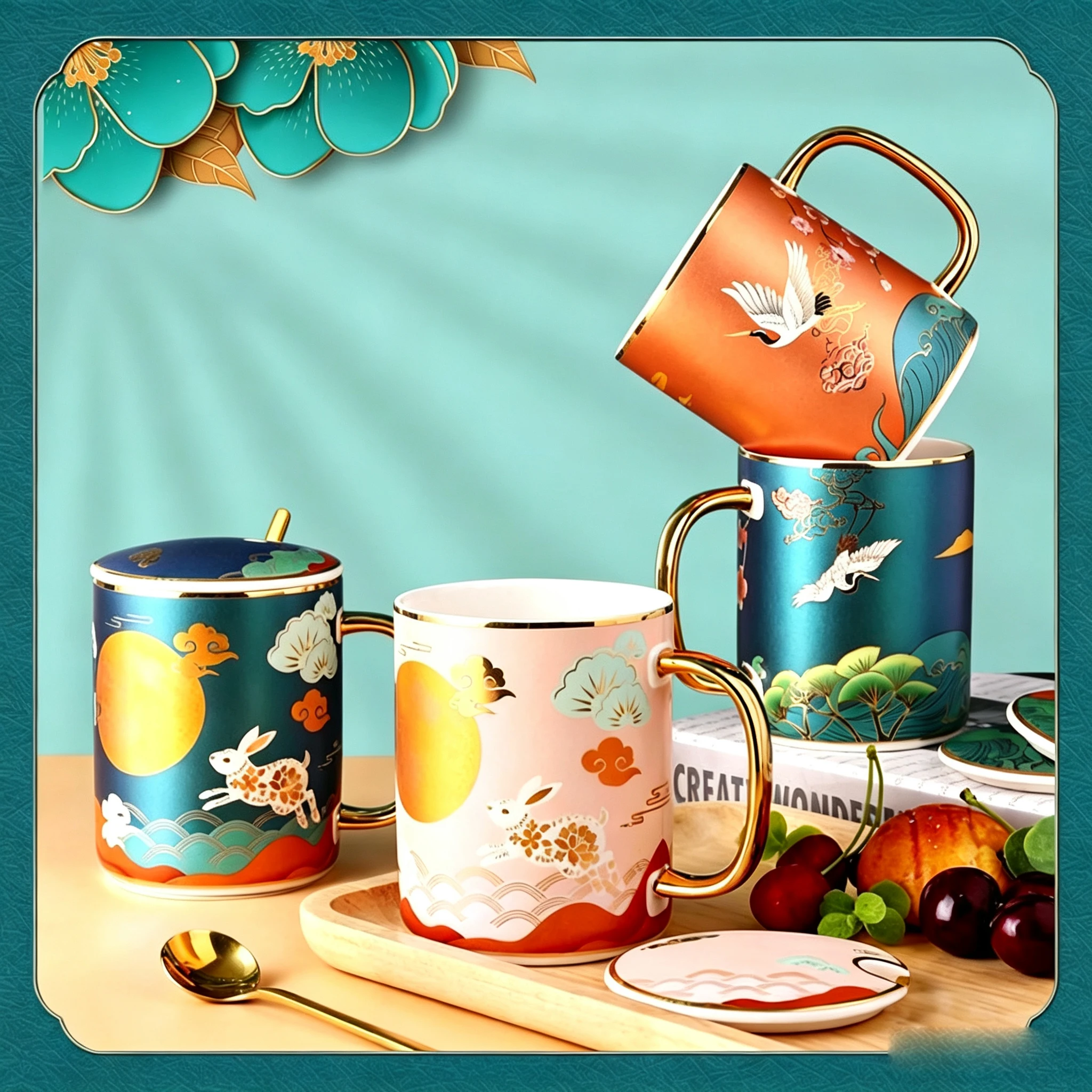 Chinese Style Ceramic Mug with Lid and Spoon, 350ml Panda Pattern Porcelain Water Cup, Golden Handle Drinking Cup for Gift
