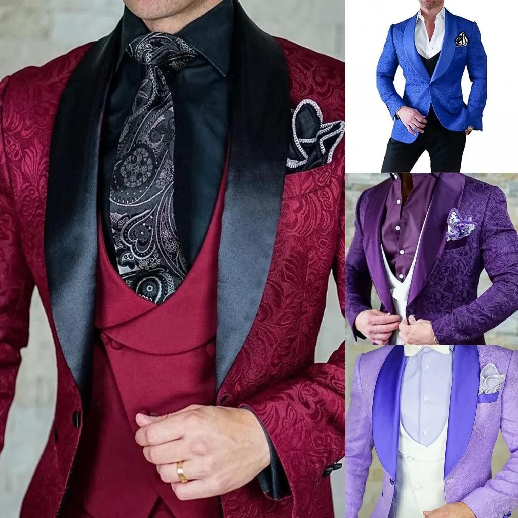 Hot Selling Mannen Pakken Patroon En Zwarte Bruidegom Smoking Shawl Satin Revers Bruidsjonkers Wedding Beste Man 3PCSBlack Pants