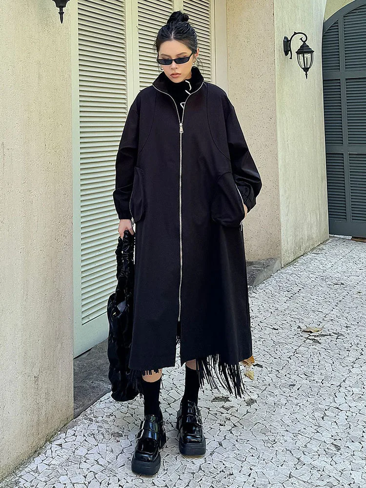 [EAM] Women Coffee Zipper Big Size Long Trench New Stand Collar Long Sleeve Windbreaker Fashion Tide Spring Autumn 2024 1DH6868