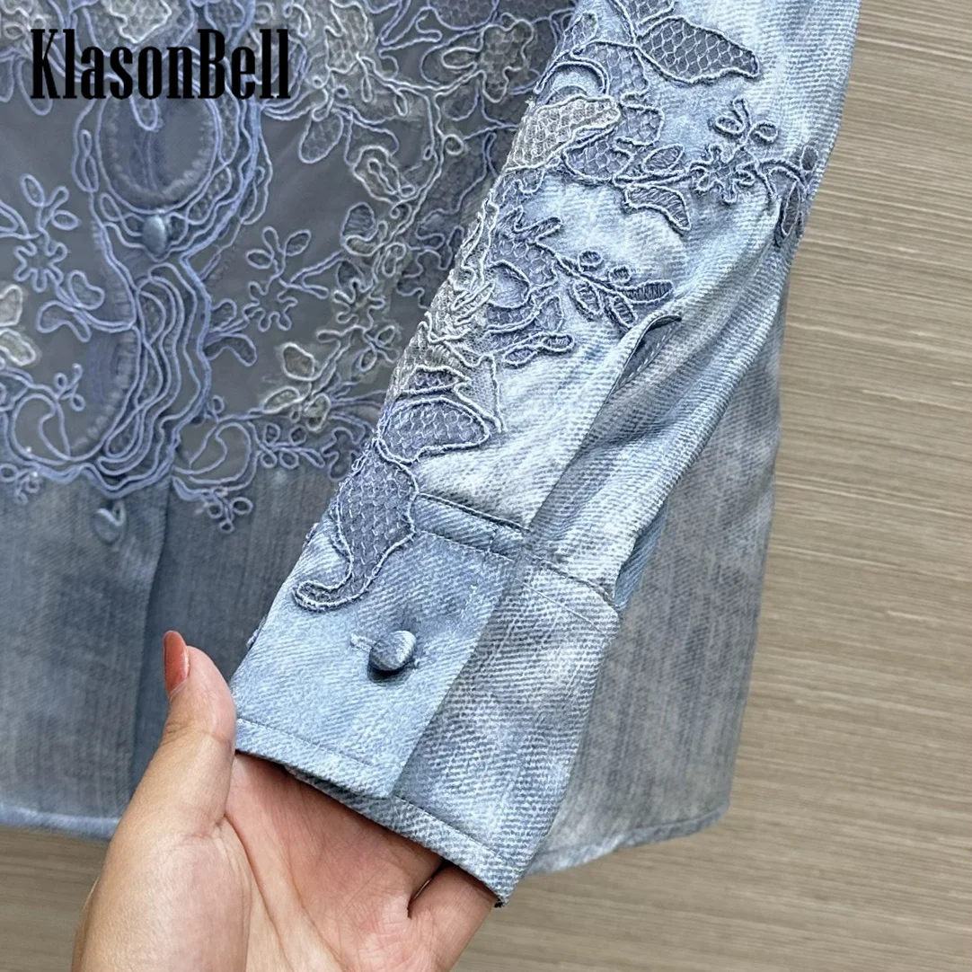 7.25 KlasonBell Women Lace Applique Embroidery Single Breasted Shirt Tie-Dye Print Blue Long Sleeve Loose Blouse