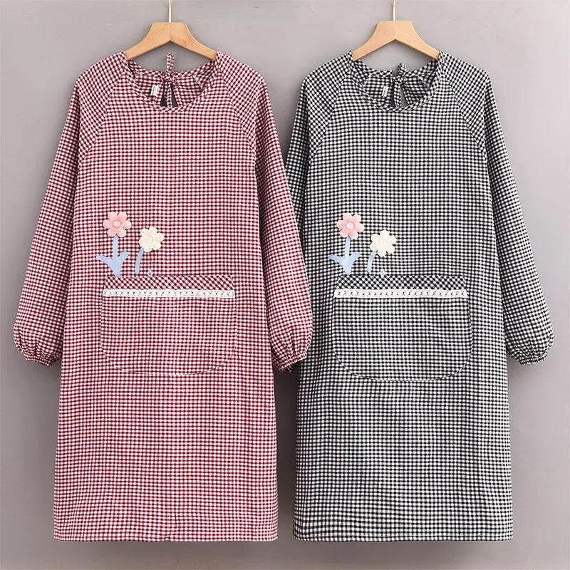 

Thiened Хлопковый фартук Long Sve Спецодежда Кухня Кулинария Женский модный офисный фартук Устойчивый к грязи и пятнам Работа U...