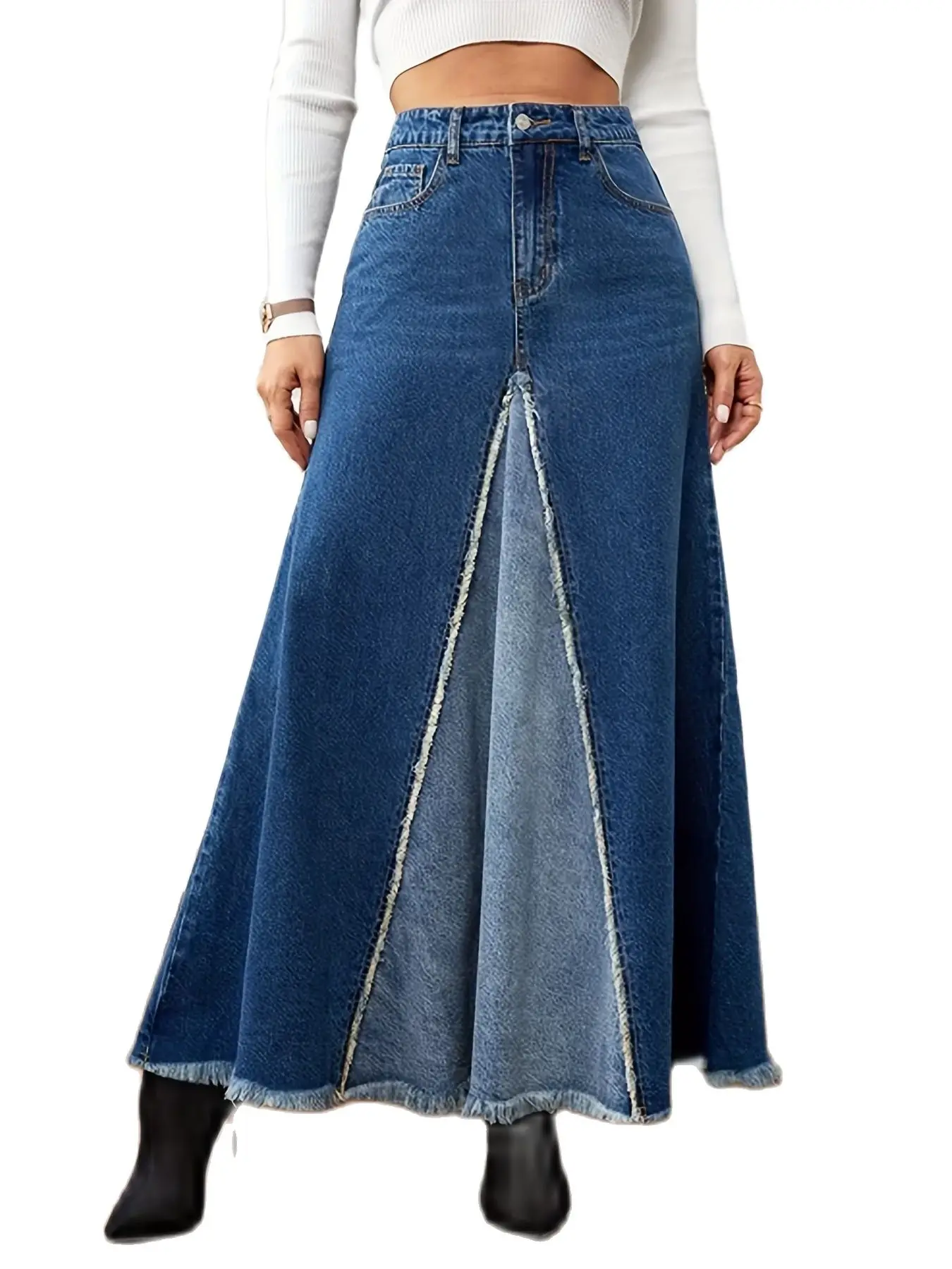 2023 Autumn New Women\'s Denim Long Skirt Fashion Loose Spliced Denim Swing Skirt Female Casual Clothes XS-L Drop Shipping