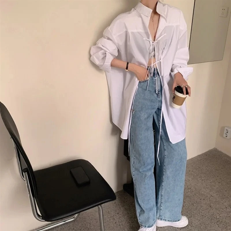 MEXZT Streetwear White Shirts Women Harajuku Oversized Bandage Long Sleeve Blouses Korean Fashion Elegant Casual Chic Tops New