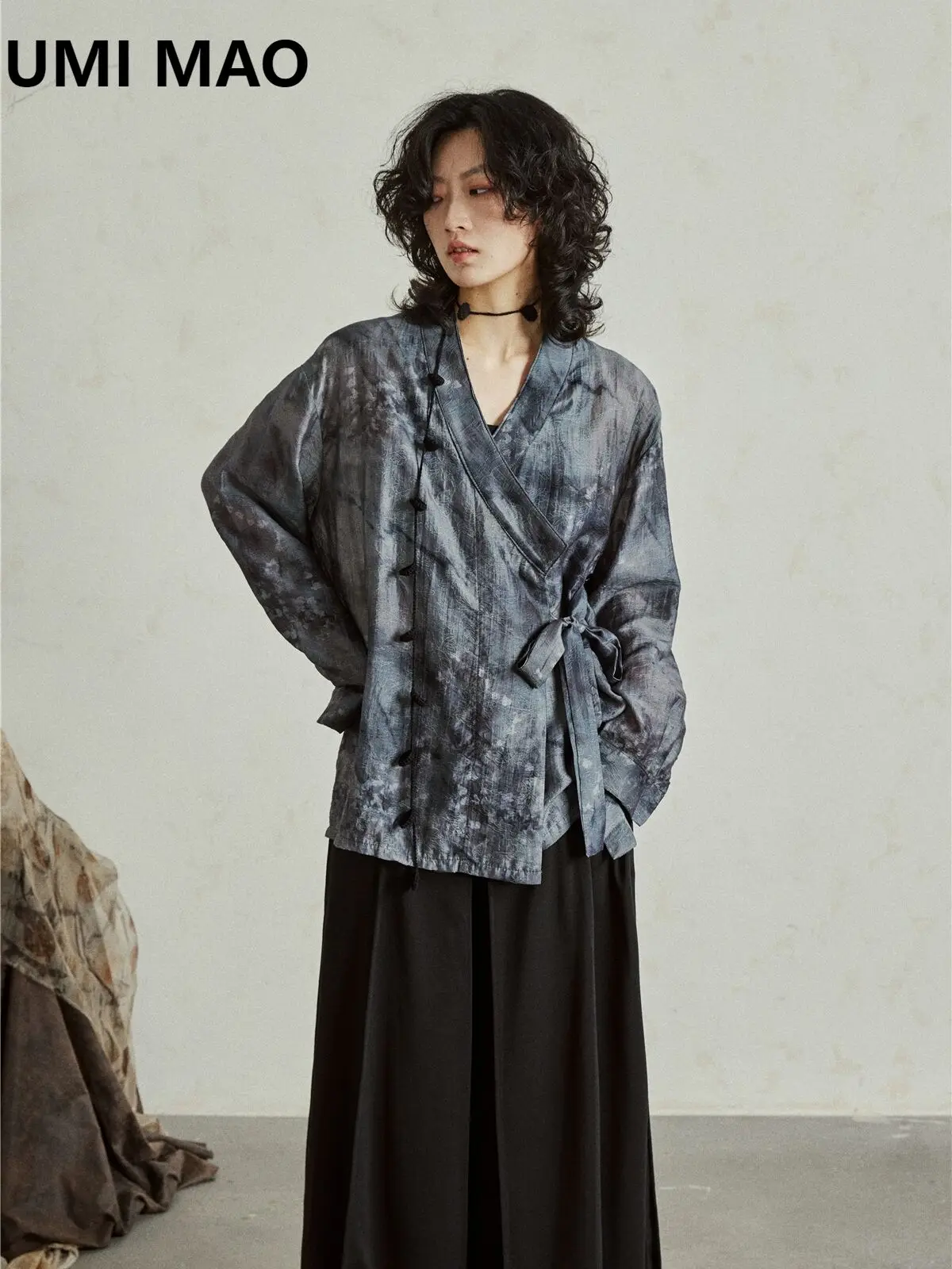 

UMI MAO New Chinese Style Top Design Asymmetrical Tie Shirt With Textured Jacquard Lightweight Semi-Sheer Shirt Y2K