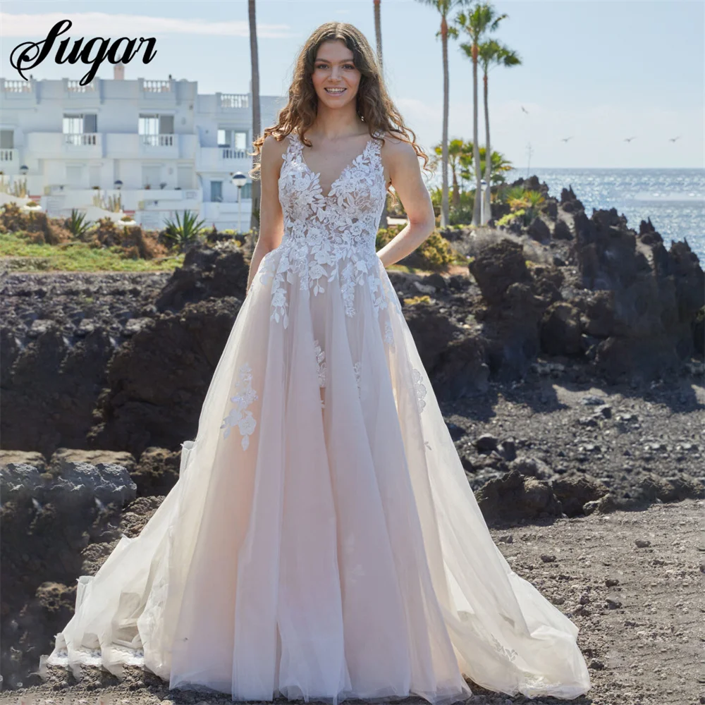 Boho Abiti da sposa Scollo a V Appliques Pizzo A-Line Tulle Abito da sposa Spiaggia Abito da sposa personalizzato bestidos de novia 2023