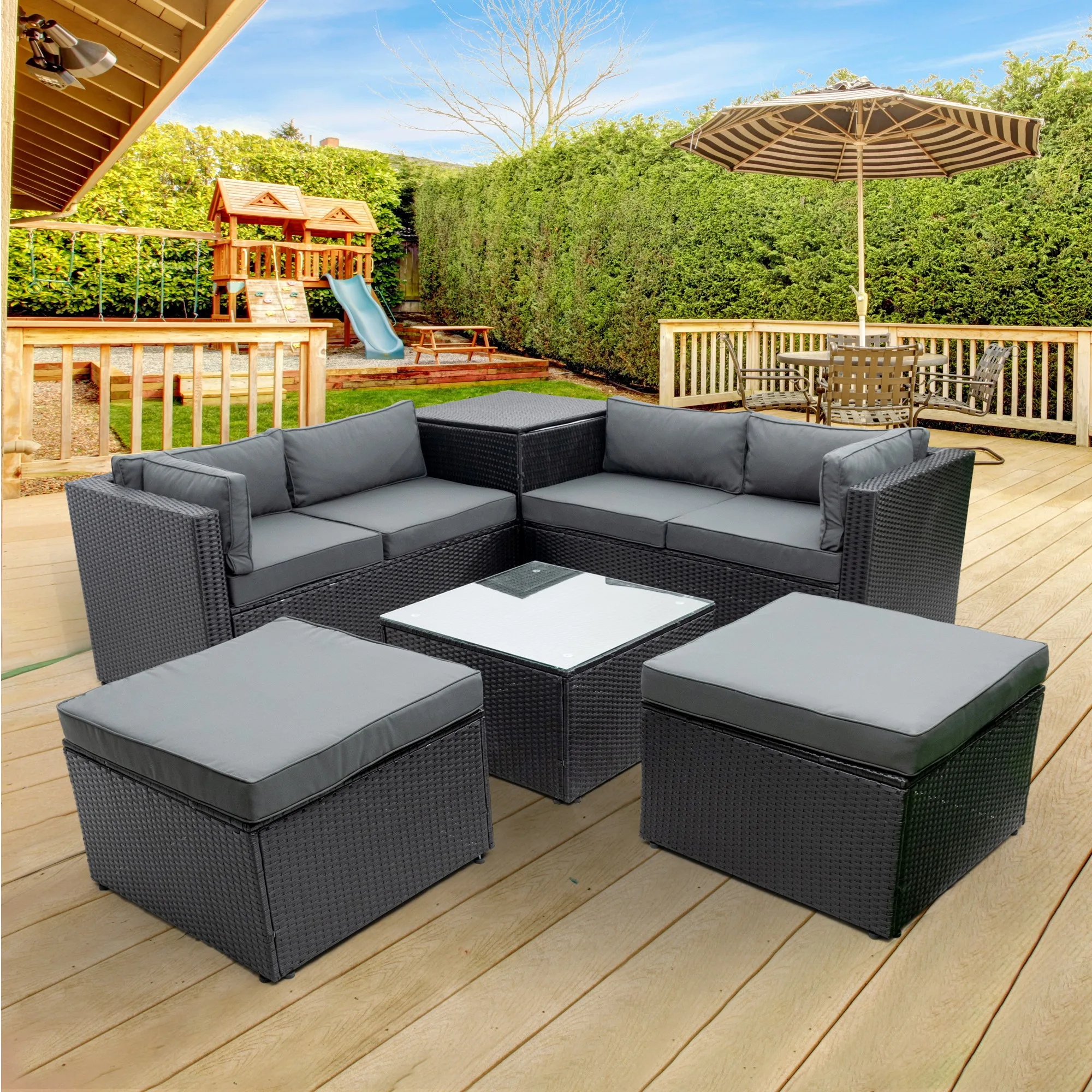 

6 PC Patio Rattan Wicker Outdoor Furniture Conversation Sofa Set with Storage Box Removeable Cushions and Temper GlassTable Top