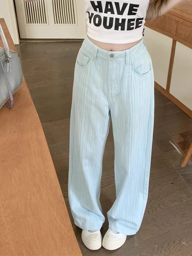 2024 Korean Style Spring Pink Women's White Wide-leg Jeans Minority Simple High Wasited Trousers