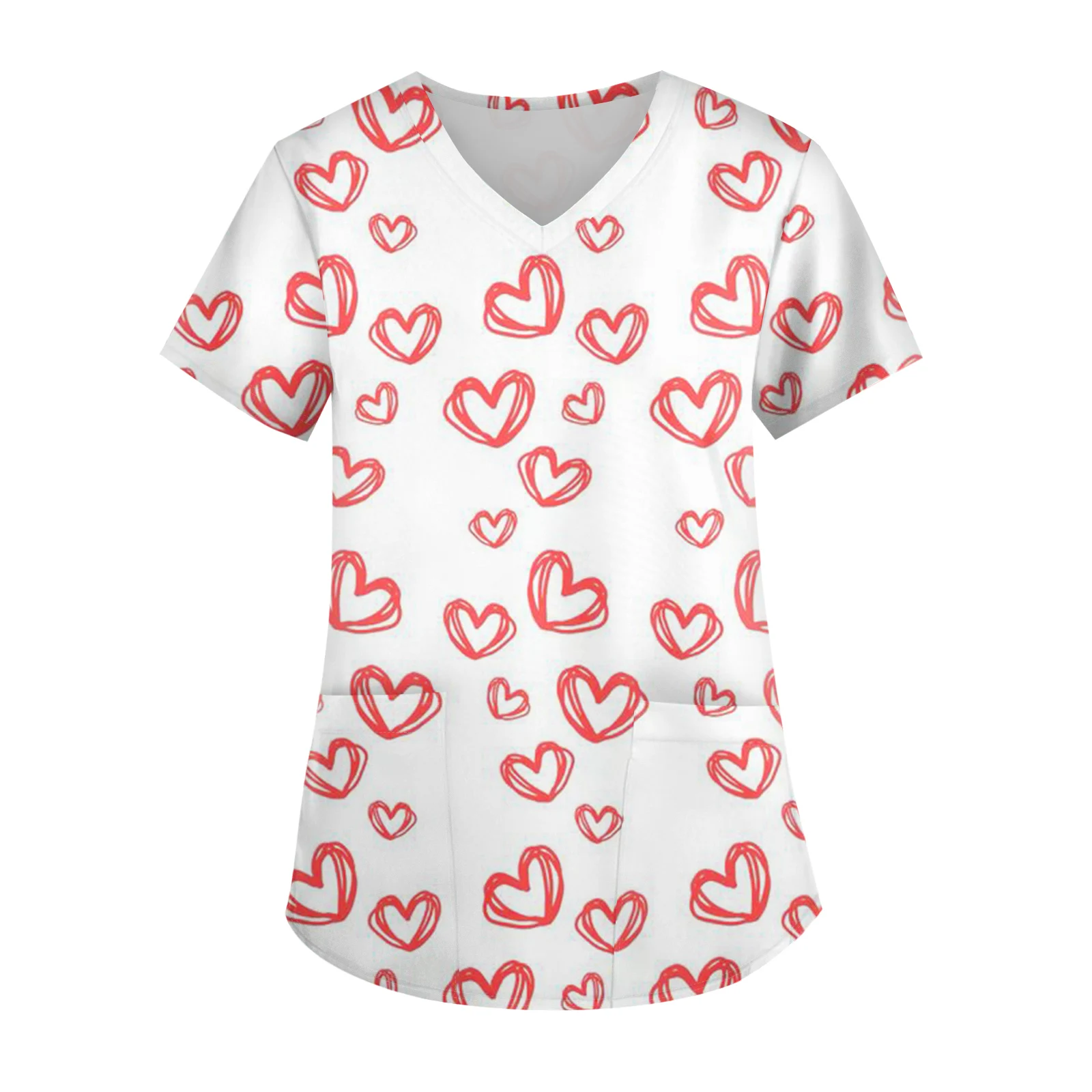 

Nurse'S Top Printed Pattern Fashion Nurse Uniform Valentine'S Day Outfits Short Sleeves Caregiver Top T-Shirts For Women