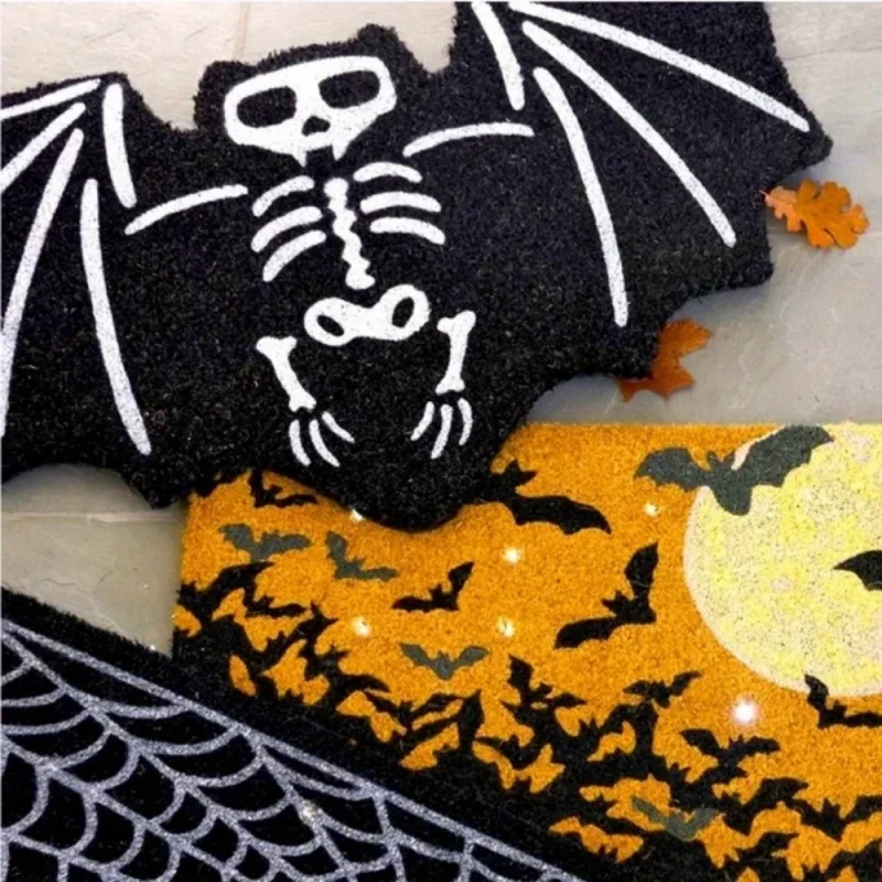 VIKAMA Halloween Bat Shaped Rug Skeleton Black White Non Slip Doormat Porch Entryway Indoor Outdoor Spooky Home Decor