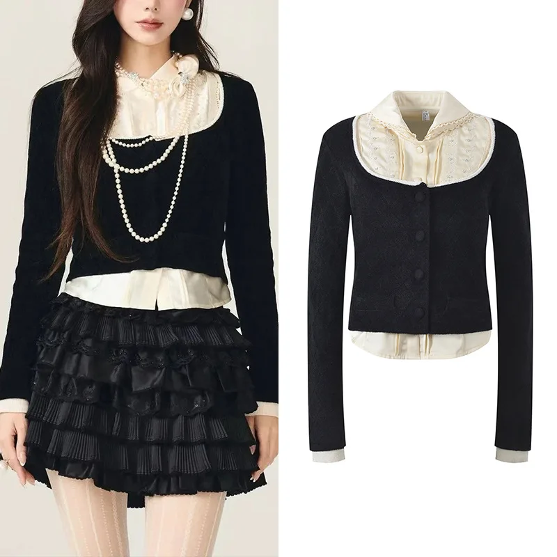 

Autumn Winter New Sle Double Layer Doll Collar Pearl Decorated Color Blo Two Piece Set Knitted Cardigan Women's Faion
