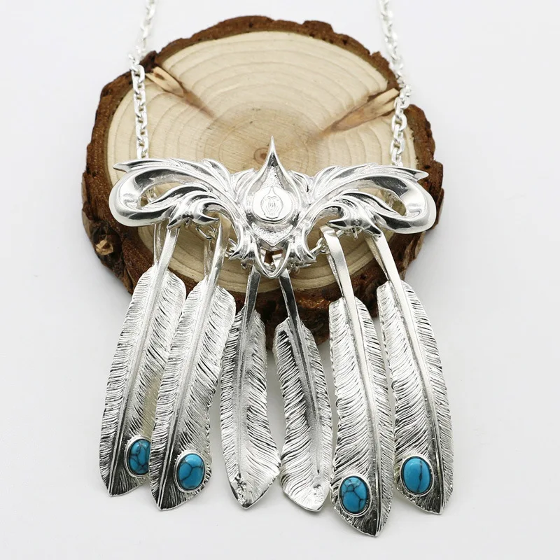 

Personality 925 Pure Silver Thai Silver Feather Men's Hair Large Pendant Exaggerated Japanese Turquoise Feather Necklace Women's