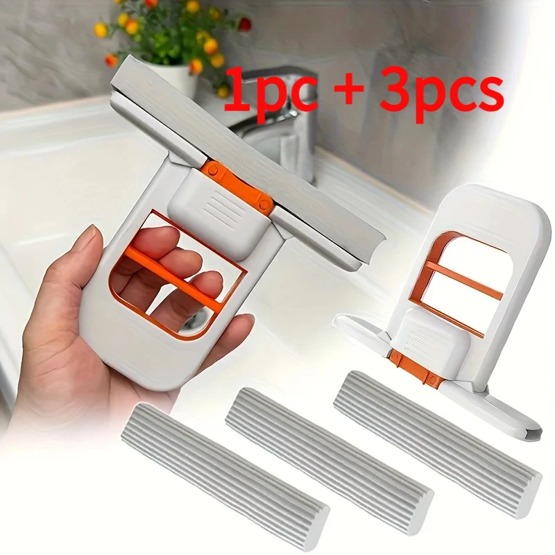 1pc+3pcs Mini Mop + Sponge Set | Self-wringing Handheld Mop, No Hand Washing Required, Foldable Desktop Cleaning Tool.
