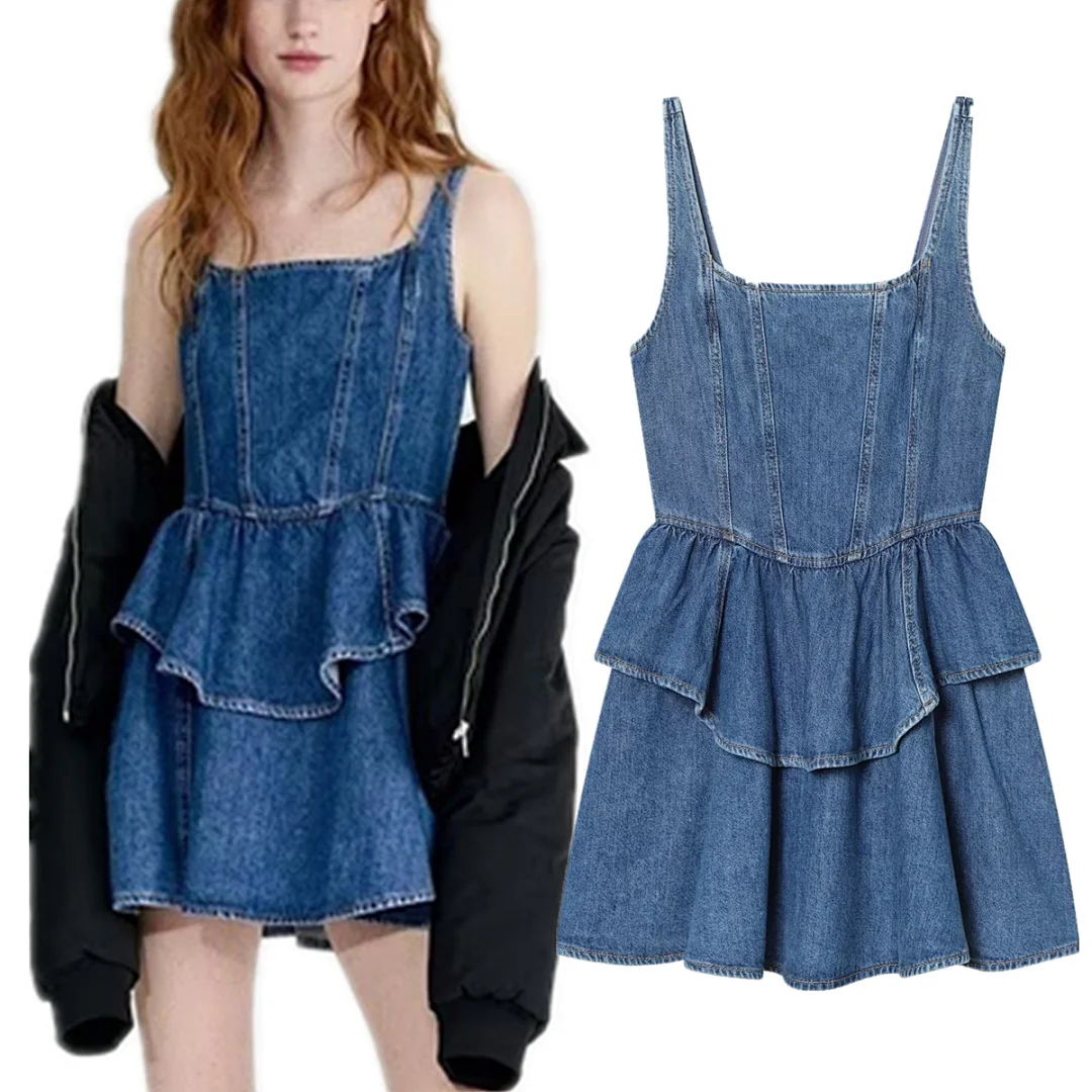 

Maxdutti Fashion Girls Cascading Ruffles Denim Mini Dress Women's Casual Tank Dresses Female Clothing Summer Dresses For Women