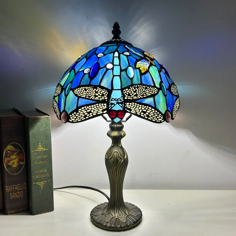 

Vintage Tiffany Stained Glass Bedside Lamp for Bedroom Blue Dragonfly Morning Glory Lampshade Table Desk Night Light