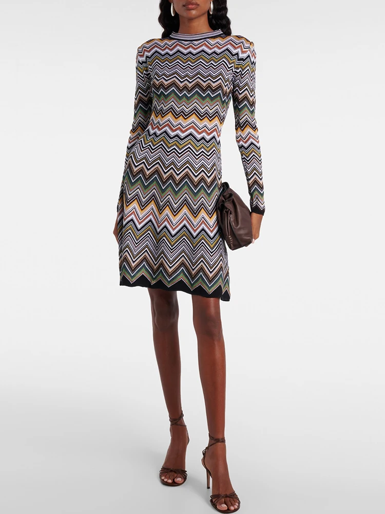 Spring Summer Fashion Vintage Zigzag Pattern Knitting Knee Length Dress Women's O-Neck Long Sleeve Slim A-Line Short Dresses
