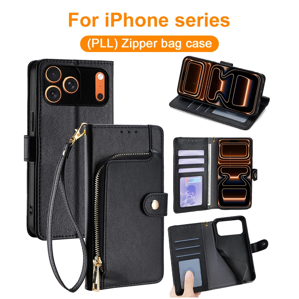 Zipper Wallet PU Leather Phone Case For Apple iPhone 17 Air 16 15 14 13 Pro Max Plus Multi Card Slots Flip Cover Kickstand Cases