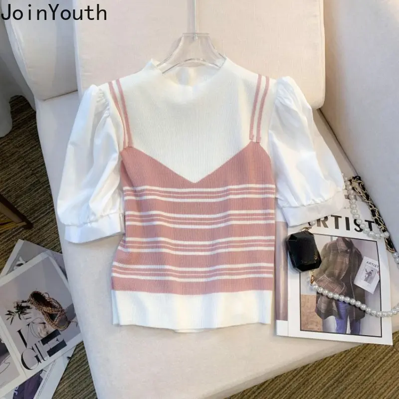 2023 Ropa Mujer Shirts for Women Chic Fake Two Tshirt Patchwork Contrast Color Knitted T Shirts Crop Tops Fashion Summer Tees