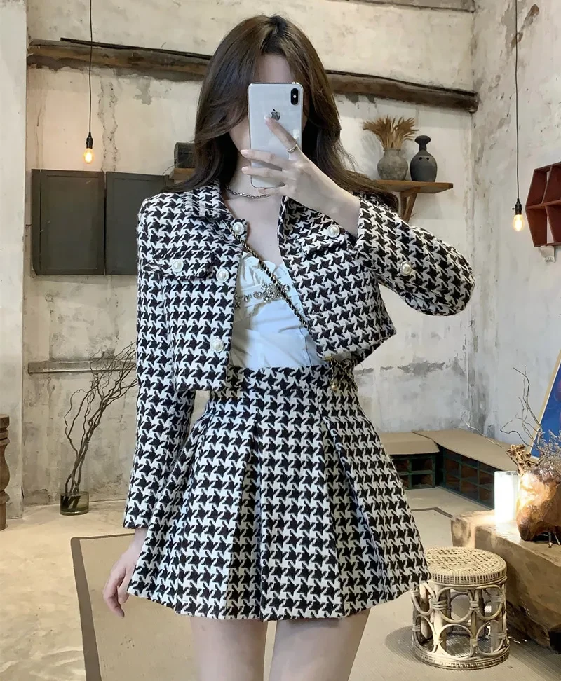 

Temperament Matching Sets Retro O Tweed Plaid Jacket Short Long Sleeve Cardigan Slim Top Mini Houndstooth Pleated Skirt Chic