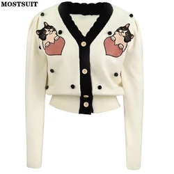 Cartoon Embroidered Stylish Cardigan Sweater Women Long Sleeve V-neck Knitwear Tops Vintage Chic Fashion Ladies Jumpers 2023