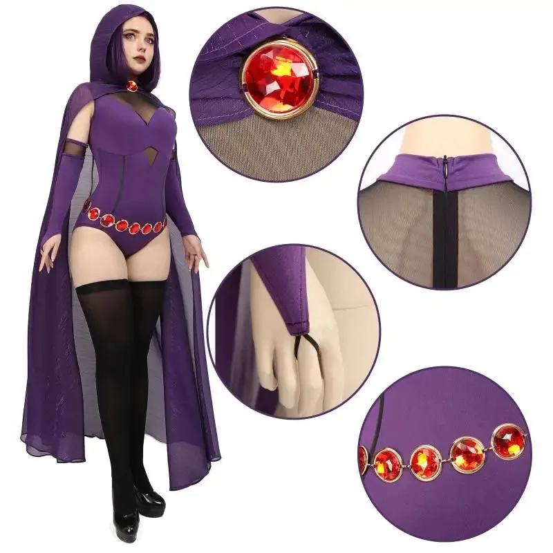 

XT8WENAM Magical Girl Cosplay Bodysuit Full Set With Purple Hooded Cloak and Gem Stone Belt Jumpsuit Cloak Belt Suit HallowXT6@!