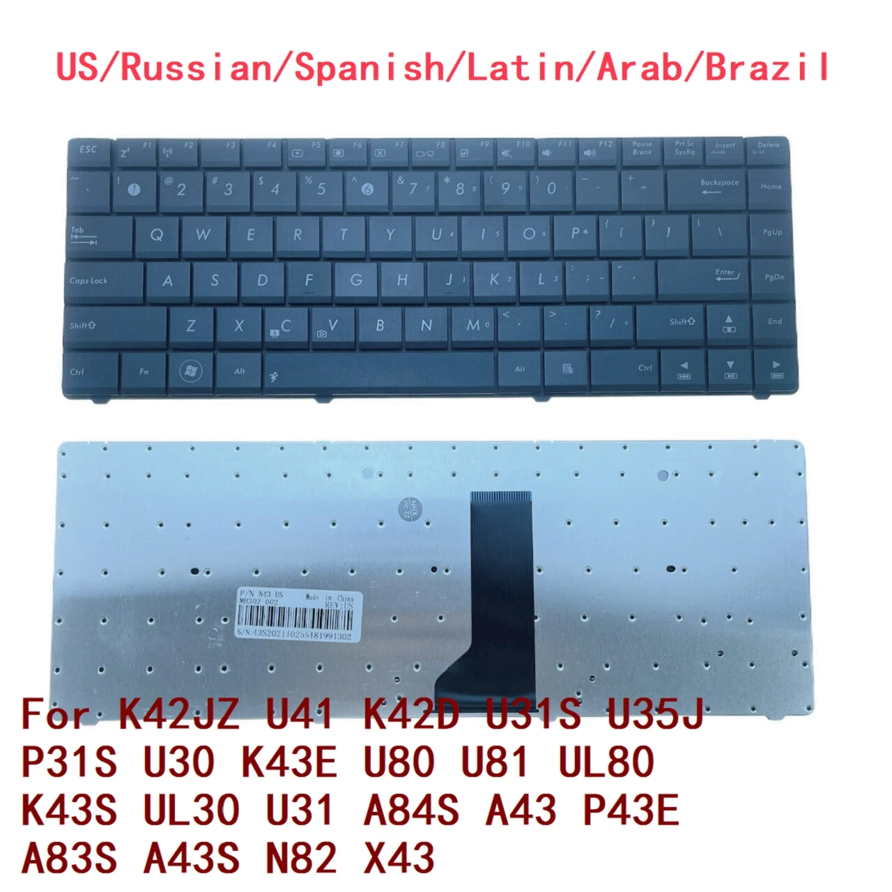 US RU SP LA AR BR Keyboard For ASUS K42JZ U41 K42D U31S U35J P31S U30 K43E U80 U81 UL80 K43S UL30 U31 A84S A43 P43E A83S A43S N8