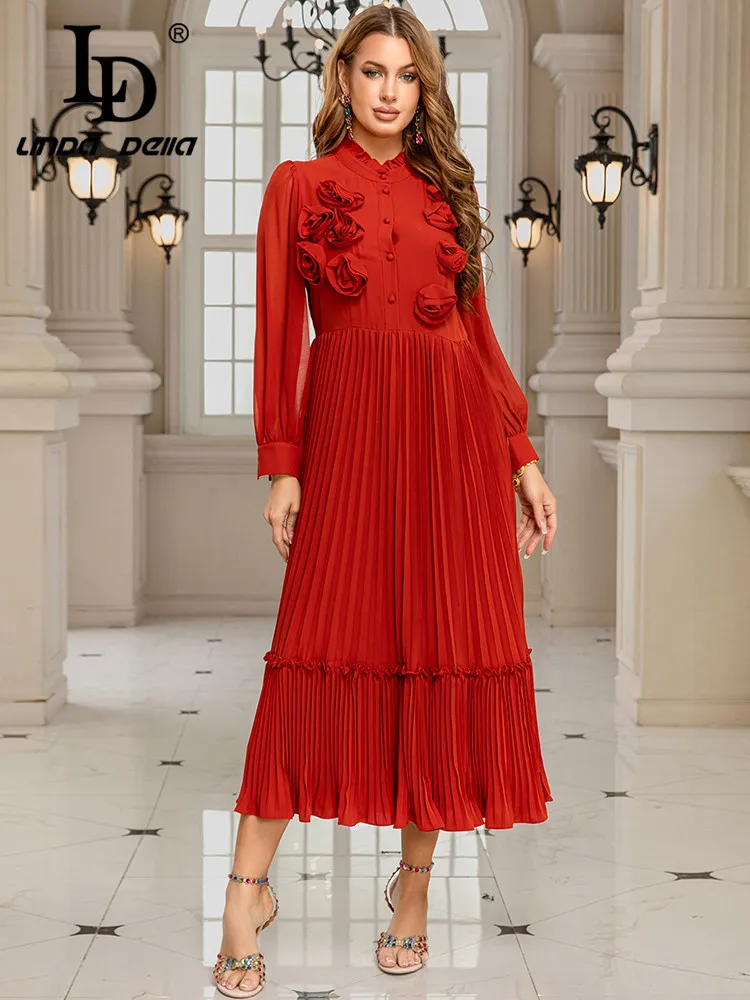 

LD LINDA DELLA весенне-летнее модное женское платье с воротником-стойкой и трехмерной цветочной коллекцией, большое свободное платье с талией