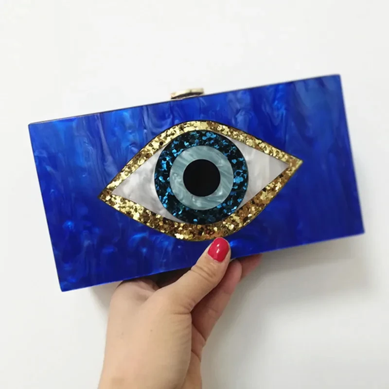 Pearl blue colorful evil eye box clutches women shoulder Flap Cartoon acrylic purse wallet travel brand party gilr bags handbags