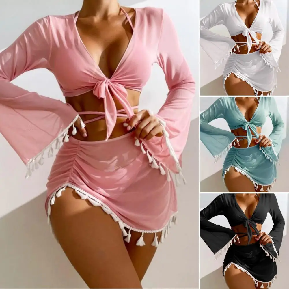 

4Pcs/Set Women Sexy Bikini Set Halter Lace-up Triangle Bra Briefs Swimsuit Cover Up Top With Skirt Bathing Swimming Suit 비키니 수영복