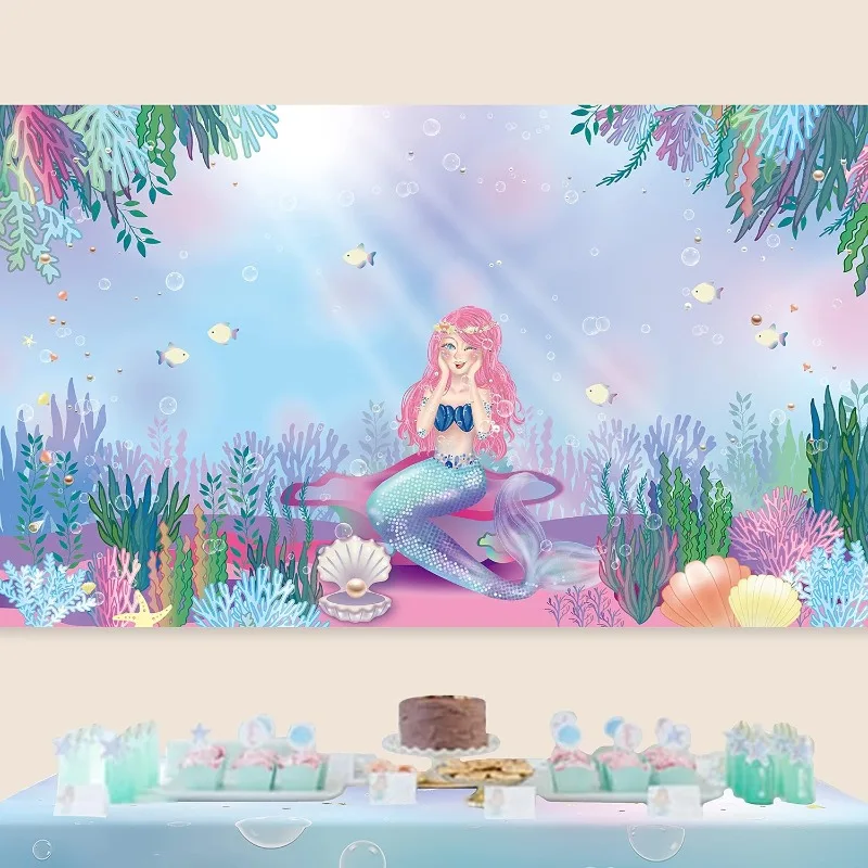 

Fabirc Mermaid Birthday Backdrops Decorations Bubble Fish Seaweed Photo Booth Beach Ocean Kids Bday Baby Shower Party Supplies