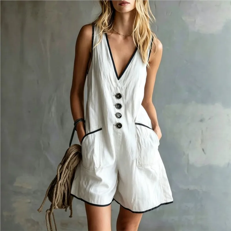 

Summer Deep V Neck Sleeveless Shorts Jumpsuits Women Fashion Button Pocket Casual Loose Wide Leg Short Jumpsuit & Rompers