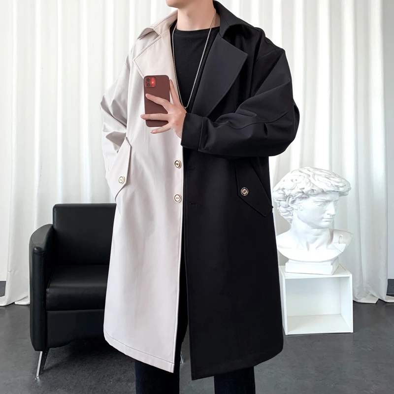 Jacke masculino longo trench coat oversized retalhos blusão masculino grande bolso moda masculina