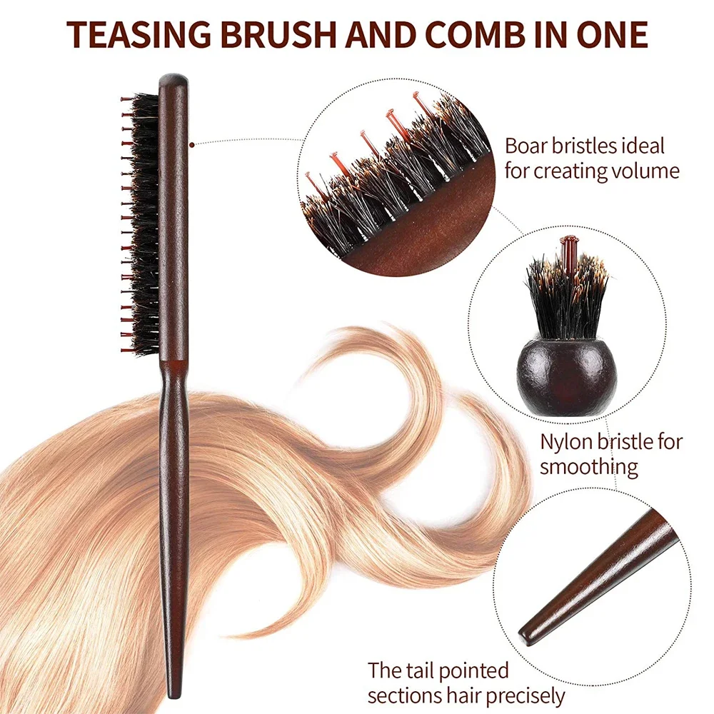 Natural Boar Bristle Hair Fluffy Comb Wood Handle Hair Brush Comb Sectioning for Backcombing Smoothing Styling Hair Tool