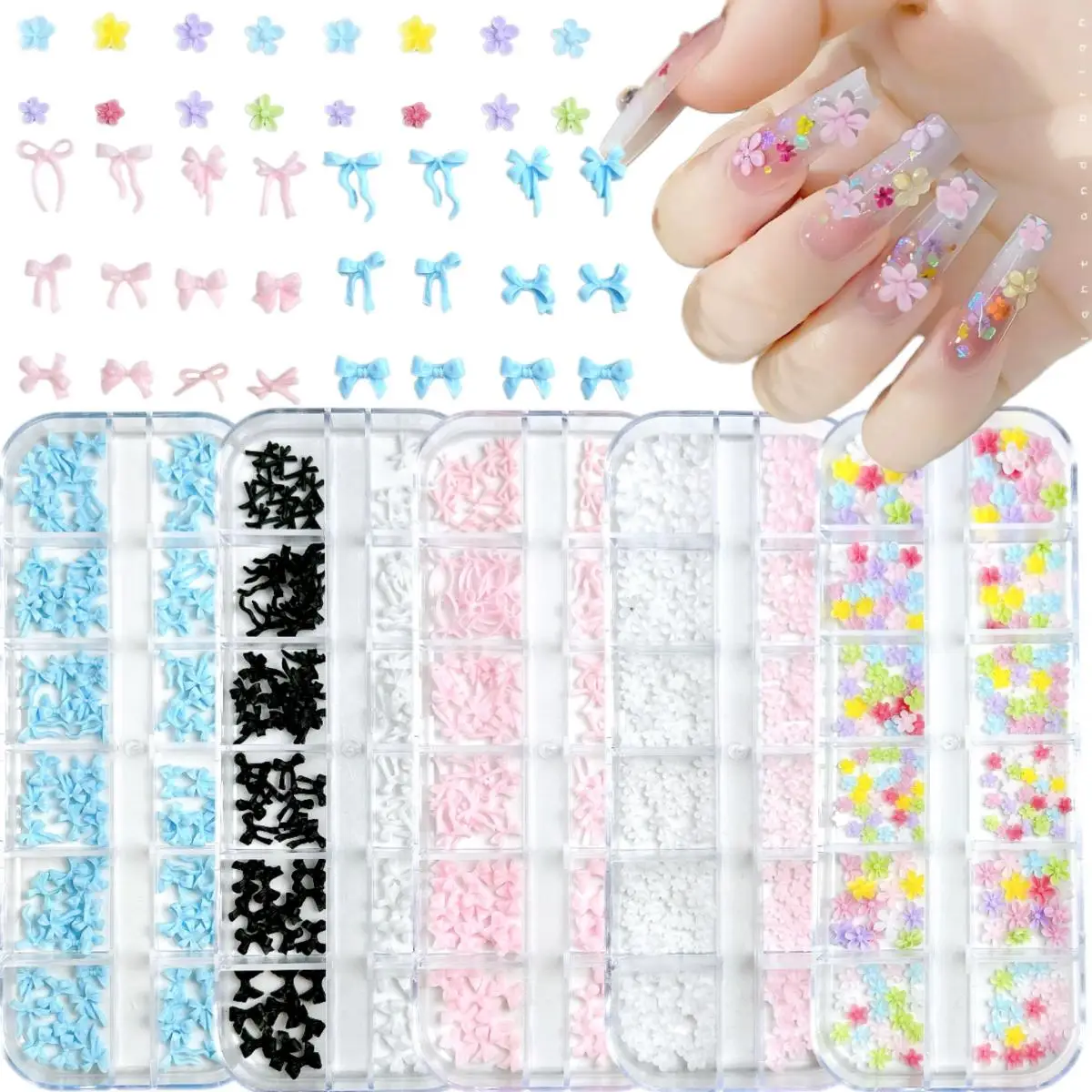 

1Box Sweet Creative Wave Bow Morning Glory Resin Nail Charms Mini Colorful Cute Five Petal Flowers Bow Nail Art Decorations DIY