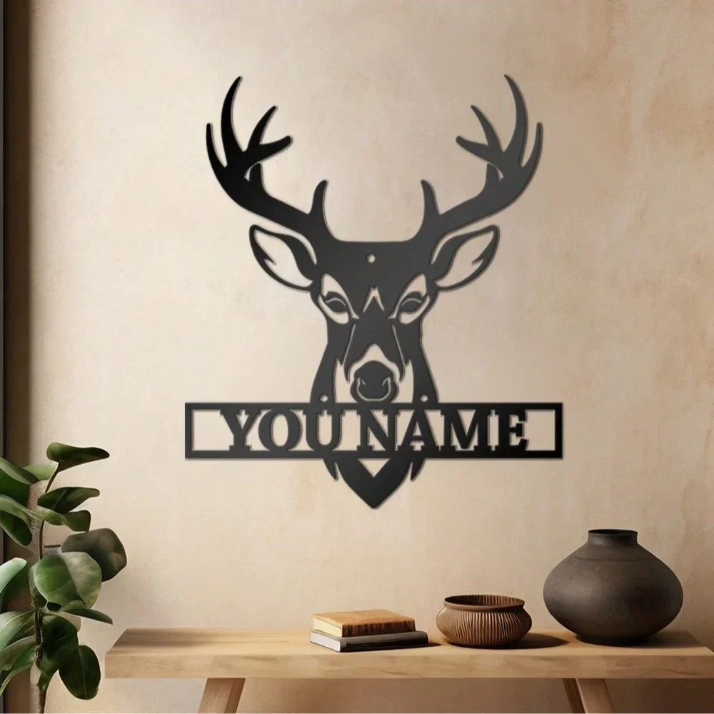 Arte de nombre personalizado. Decoración de alces de metal de hierro personalizada. para salón y cafetería. Adorno de pared para interiores y exteriores.