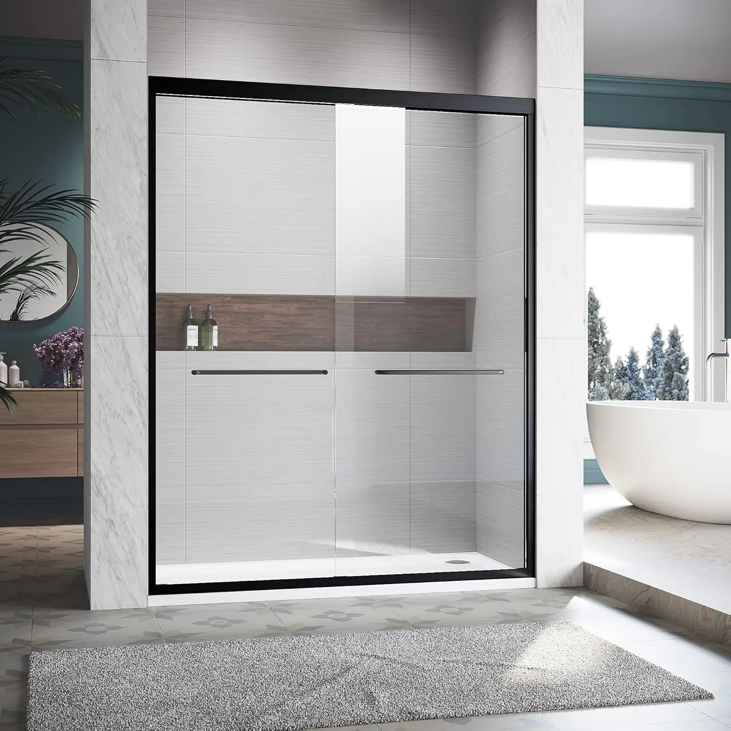 Adjustable Semi Frameless Sliding Shower Door, 56-60 In. W X 72 In. H, Thick Clear Tempered Glass Black Finish