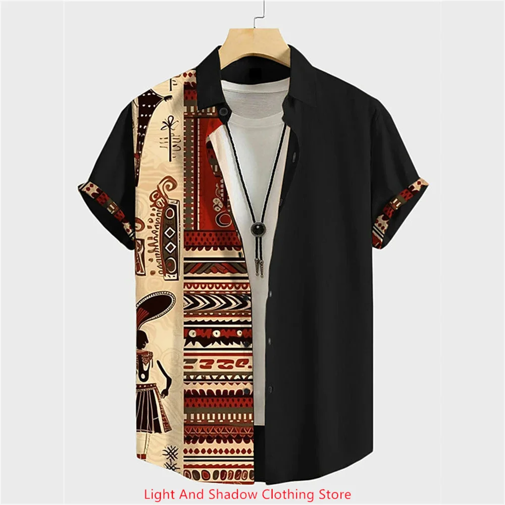 

2025 Men's Ethnic Style Printed Shirt Summer Fashion Leisure Hawaii Vacation Collar Short Sleeve Single breasted Shirt