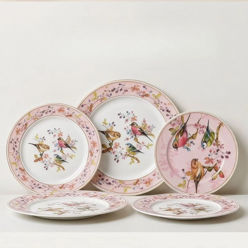 1PC Luxury Hand Painted Flower Bird Ceramic Plate High Temperature Resistant Tableware For Dessert Fruit Snack Food Serving