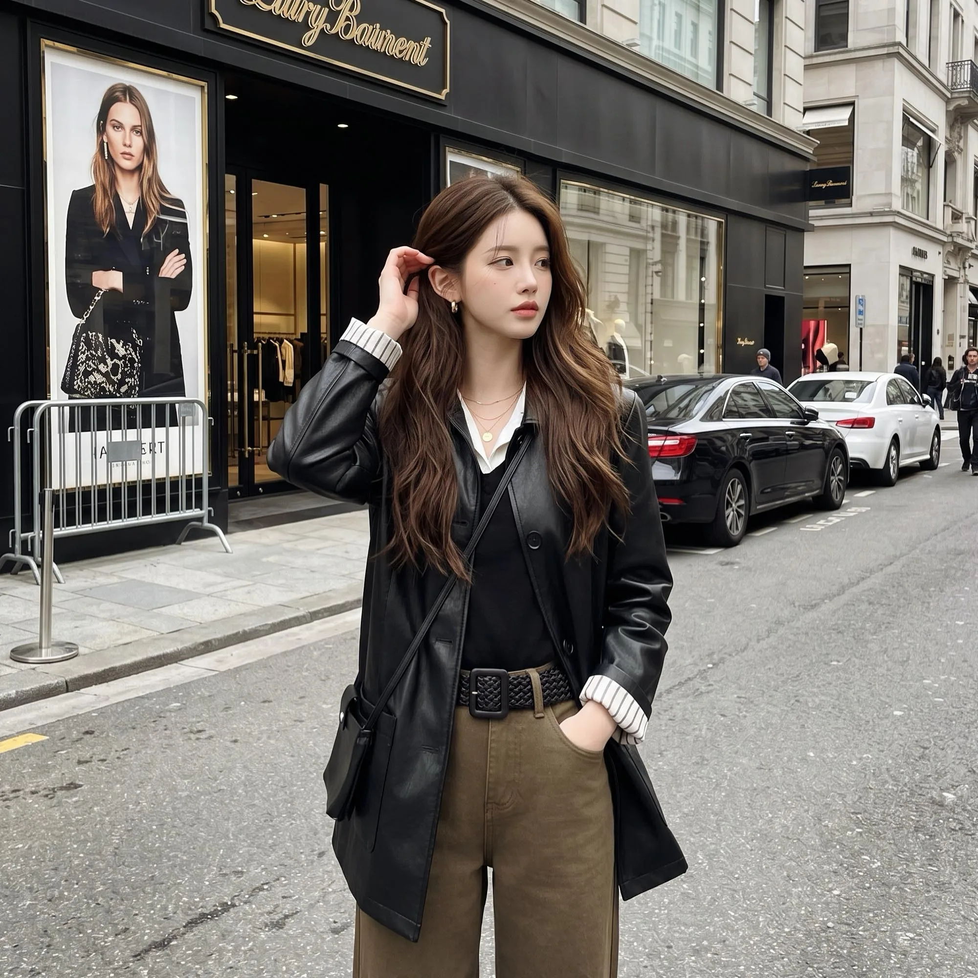 Vintage Faux Leather Jacket Women 2026 Autumn Black Single Breasted Moto Coat Oversized Mid-Length Outerwear Chic Tops DM3COT003
