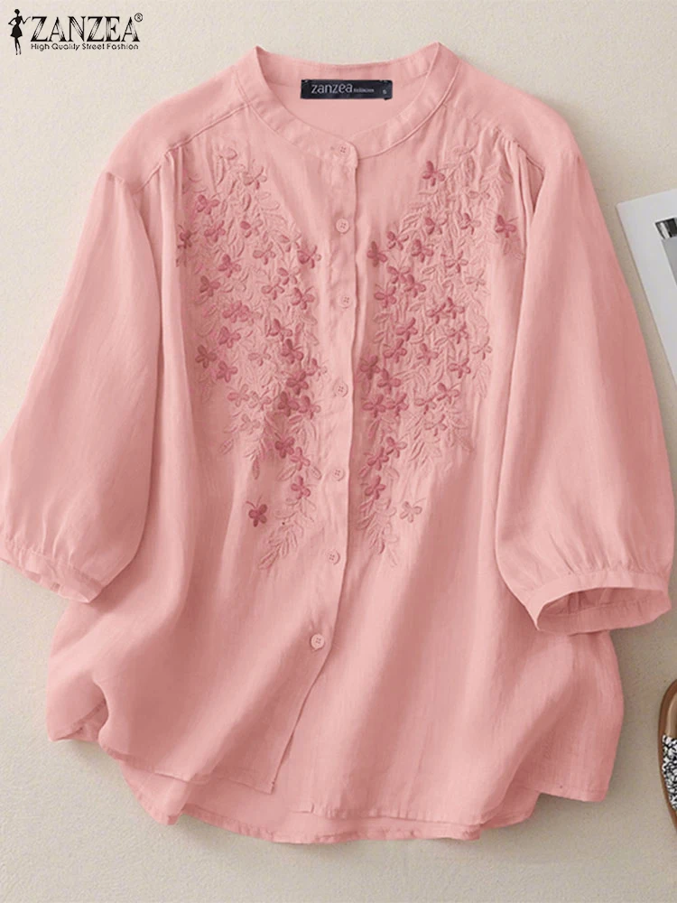 

ZANZEA 2022, женские блузки с вышивкой, летние осенние рубашки, повседневные топы с круглым вырезом и рукавами 3/4, Blusas Femme, элегантная рабочая рубашка, Chemsie