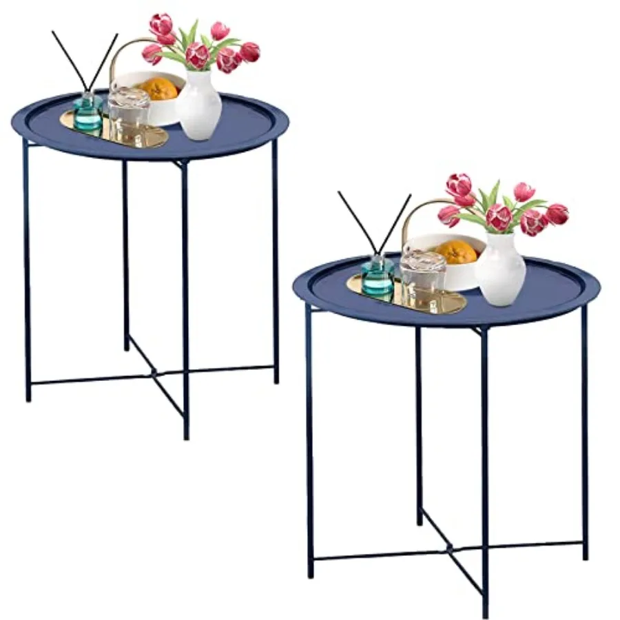 

End Table 2 PCS Metal Side Table Dark Blue Round Folding Tray Cyan Sofa Small Accent Fold-able Table Round End Table Tray Next