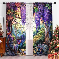 2 Piece Romantic Abstract Wisteria Flower Curtain Red Green Blue Glass Wine Glass Color Living Room Bedroom Decorative Curtain